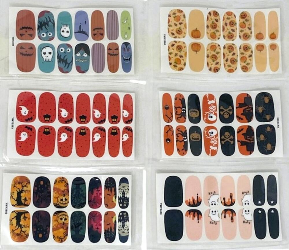 NWT ~ 6 Sets HALLOWEEN Nail Wraps Fall Stickers ~ Pumpkin Bat Ghost Owl Skeleton